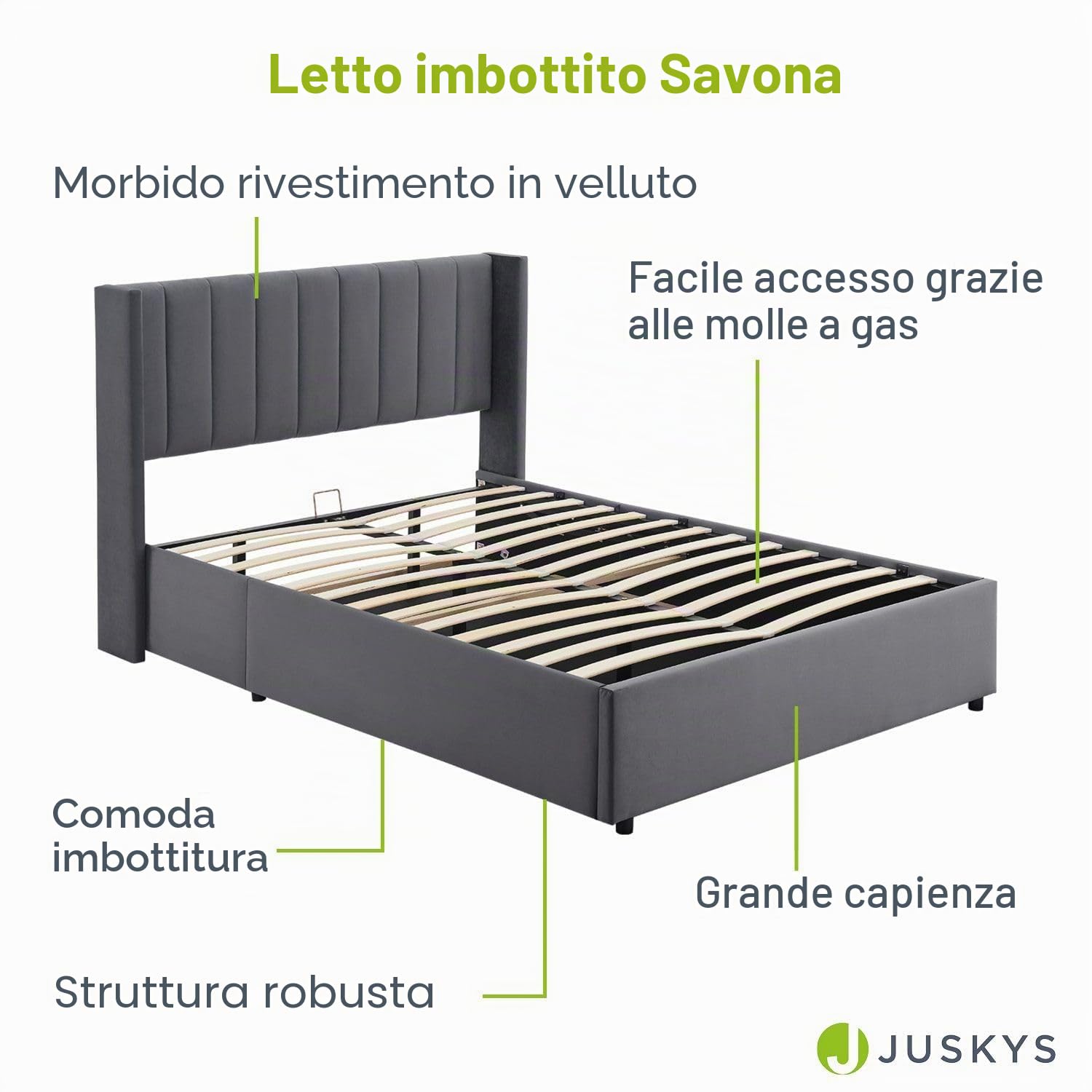 Juskys letto imbottito Savona 120x200 cm, letto con contenitore, rete a doghe, rivestimento in velluto, struttura in legno, fino a 250 kg, testiera grande, grigio scuro