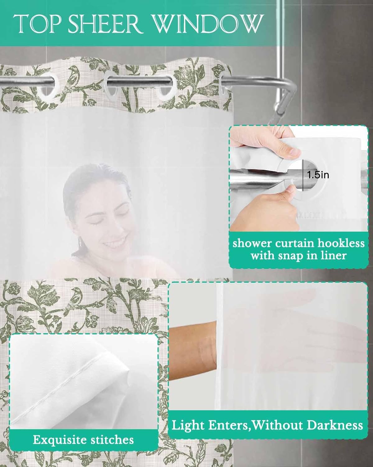 Boho Floral Sage Green No Hook Shower Curtain with Snap in Liner Waterproof Fabric Shower Curtain Set for Bathroom Spring Farmhouse Flower Textured Beige on Linen Shower Curtain with Window 36"x78"