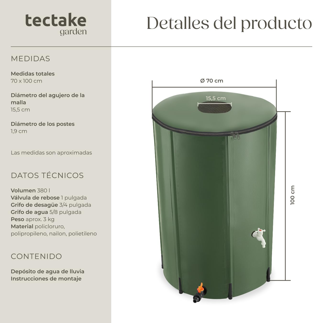 tectake® Deposito Agua Lluvia Plegable, Bidón con Grifo, Bolsa Agua Resistente Intemperie, Accesorios Camping, Garrafa Agua, Supervivencia, Fácil Montaje, Recolección Agua Lluvia - 380 litros