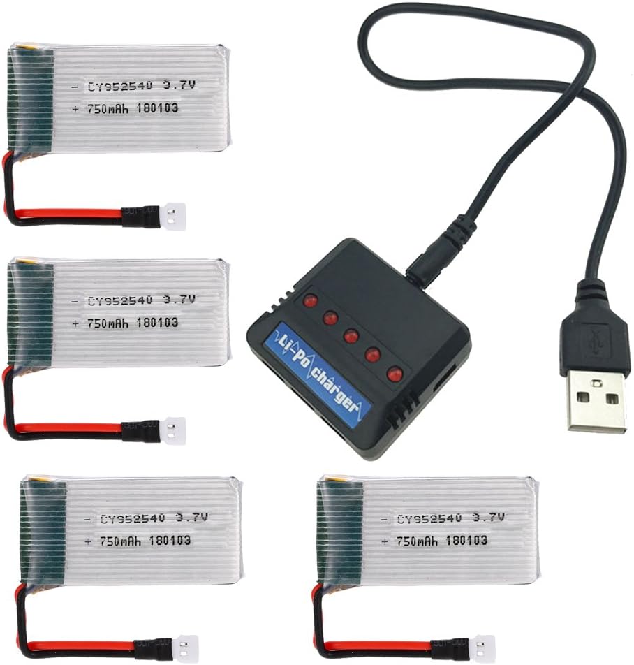 4pcs Drone Quadcopter Lipo Battery 3.7V 750mAh with 5 ports USB Charger for YILE TOYS S11 SYMA X5C X5SC DROCON X708W FPV Drone Quadcopter