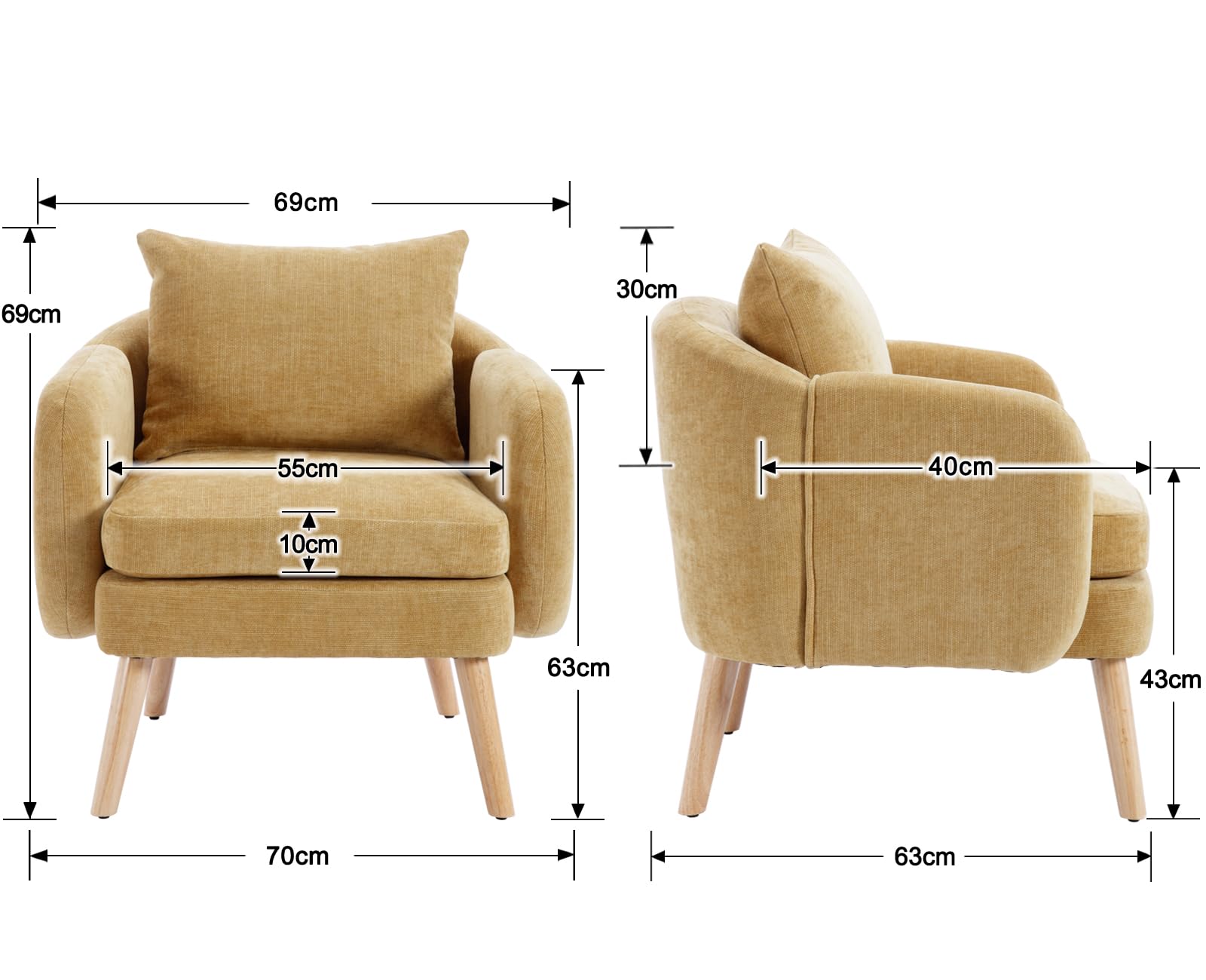 Ya-Home Poltrona Imbottita Poltroncina in Tessuto Poltrona Salotto Moderna con Gambe in Legno Sedia da Salotto con Braccioli per Soggiorno/Camera da Letto, Giallo