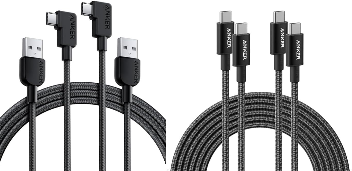 Anker USB-A to Right Angle USB-C Cable (6ft, Braided, 2-Pack) & USB C to USB C Cable 100W (10ft, 2pack)