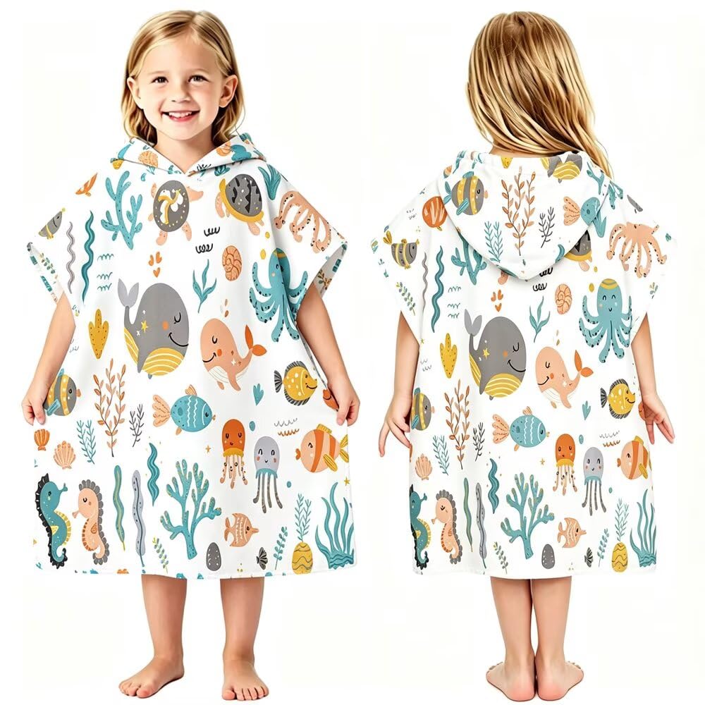 dubuto Kids Beach Towels with Hood for 3-10 Years Hooded Toddler Boys Girls Bath Towel Poncho Absorbent Quick Dry Soft Microfiber Swim Robe Lightweight 25"x38" for Beach Pool