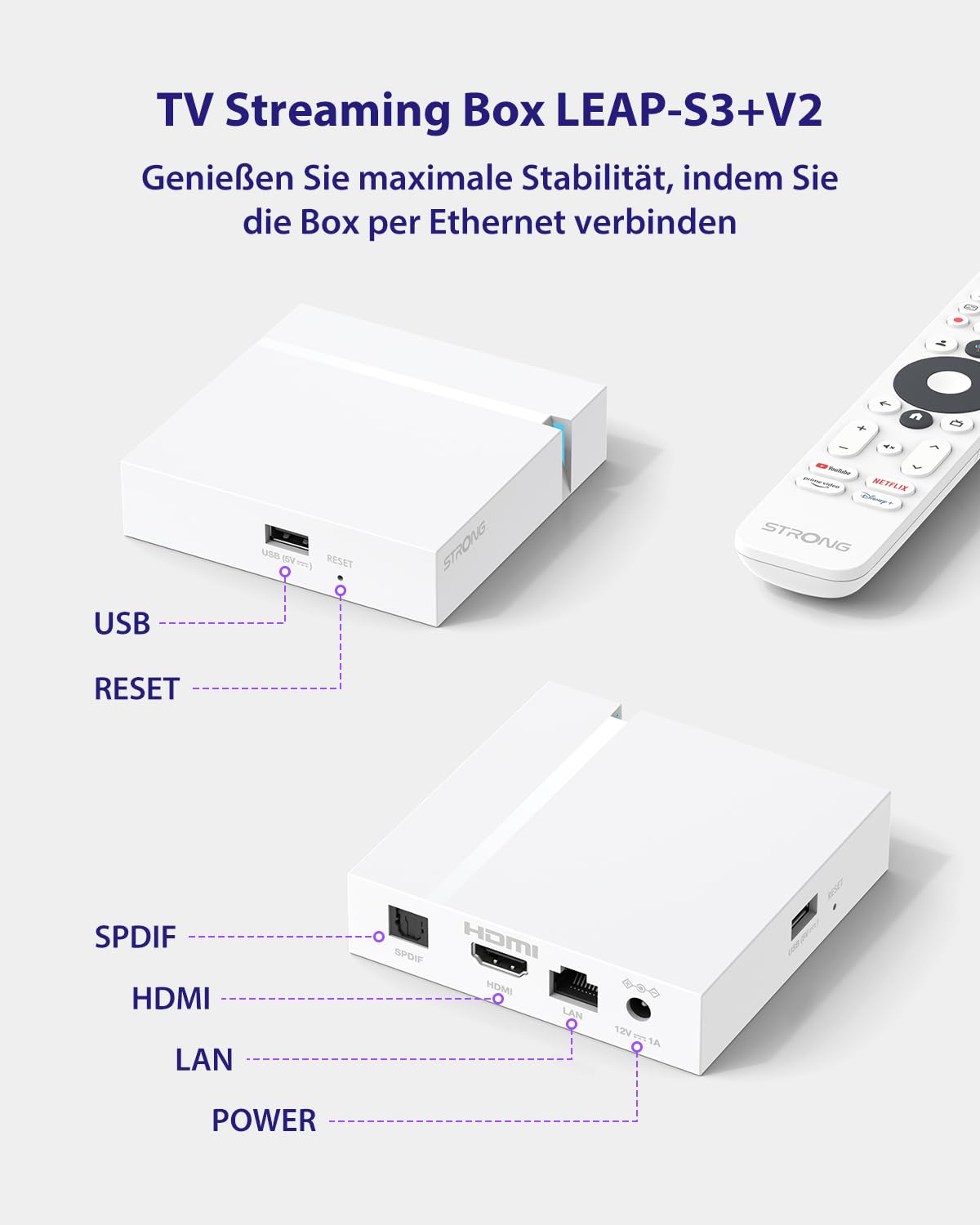 STRONG LEAP-S3+V2 Streaming Smart TV Box 4K UHD 2 GB RAM 16 GB Speicher HDR10+ Dolby Vision WiFi 5 BLE 5 Ethernet RJ45 Sprachassistent Weiß