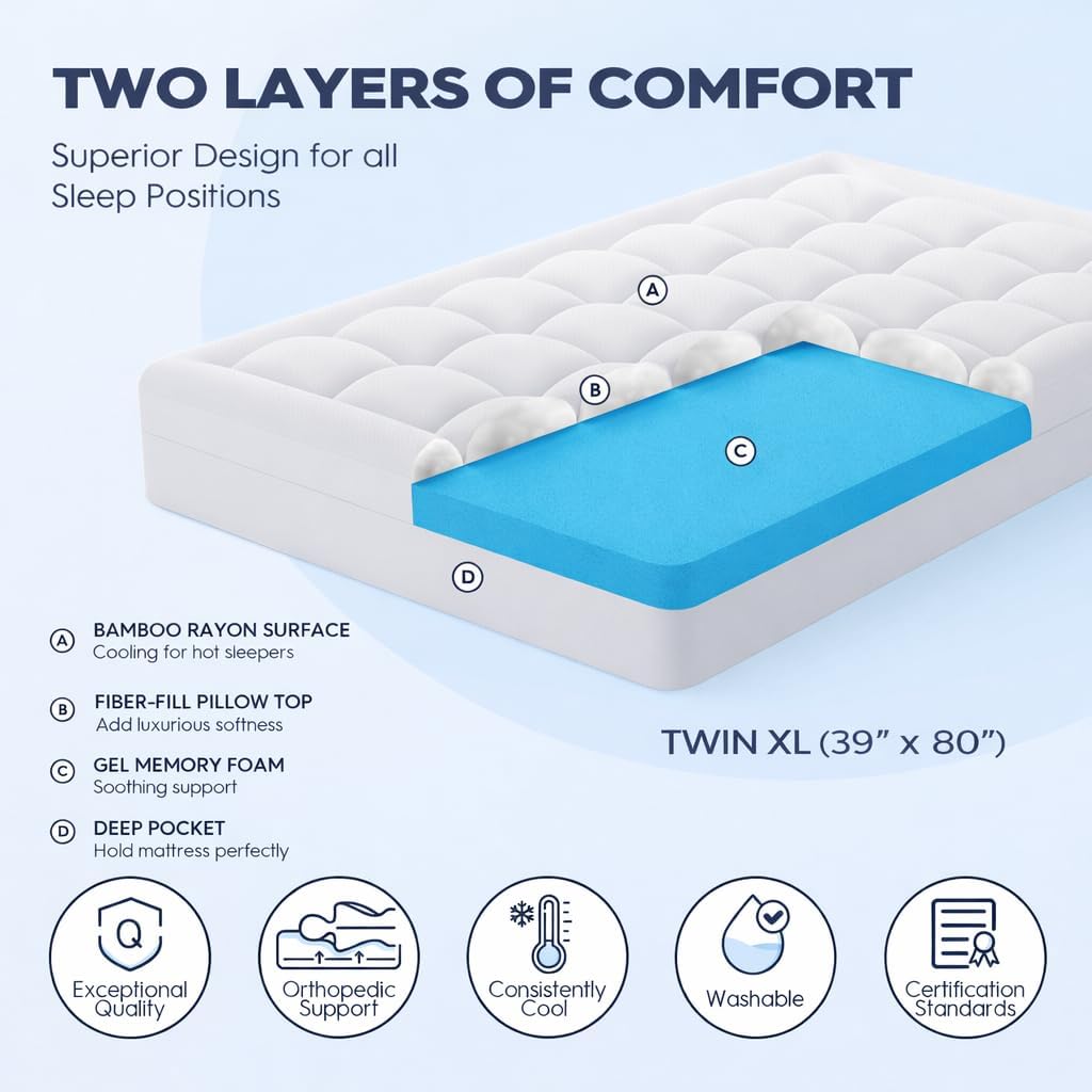 ELEMUSE Twin XL Dual Layer 3 Inch Memory Foam Mattress Topper for College Studends, Dorm Room Essentials, 2 Inch Cooling Gel Foam and 1 Inch Soft Pillow Top Bed Pad,Back to School Comfortable Support
