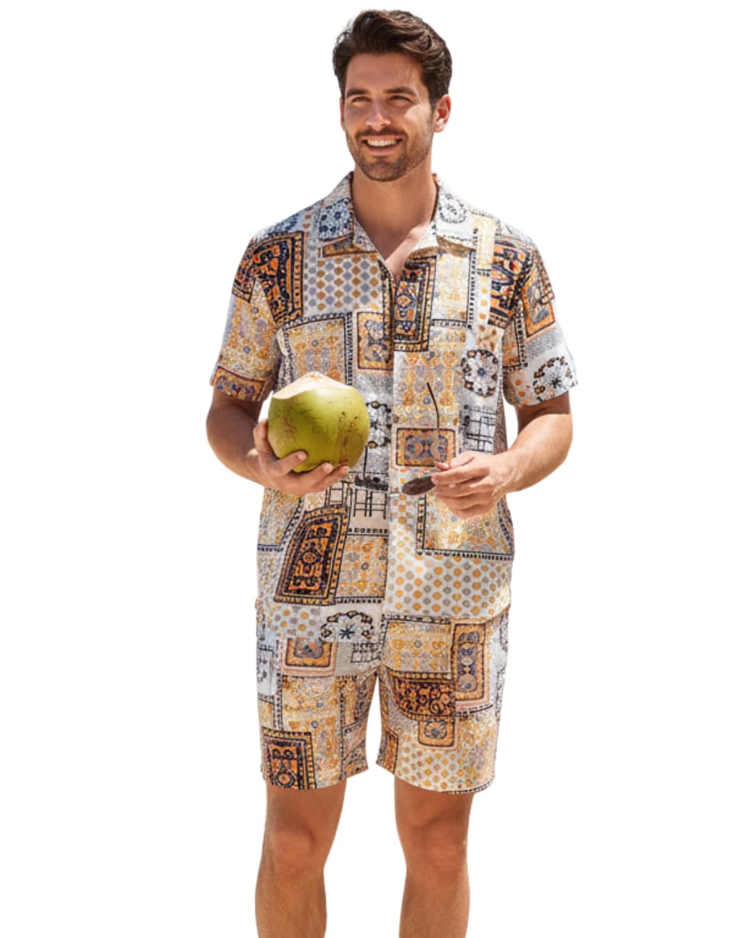 Men’s Polyester fabric solid Printed Co-Ord Set for men Floral Print Short Sleeve Shirt with Drawstring Shorts Casual Summer Wear, Beach & Vacation Outfit for Men