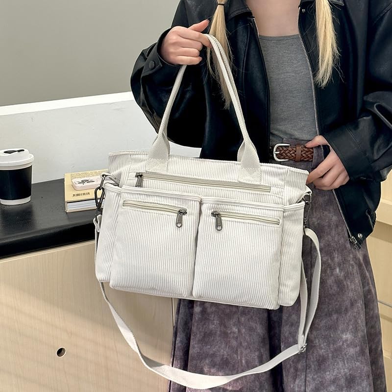 Corduroy Crossbody Tote Bag for Women Cute Shoulder Bag Large Messenger Bag Commuter School Purse Handbag Work Multi Pocket(white) - Image 2