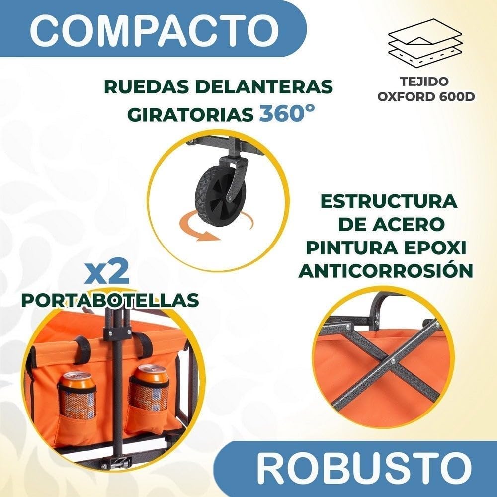 Carro playa de mano trolley, mango regulable, plegable, 2 ruedas giratorias, 69x46x87 cm, acero Epoxi anticorrosión-tejido Oxford naranja, carretilla multiusos, carga 60 kg, camping, jardín, compra