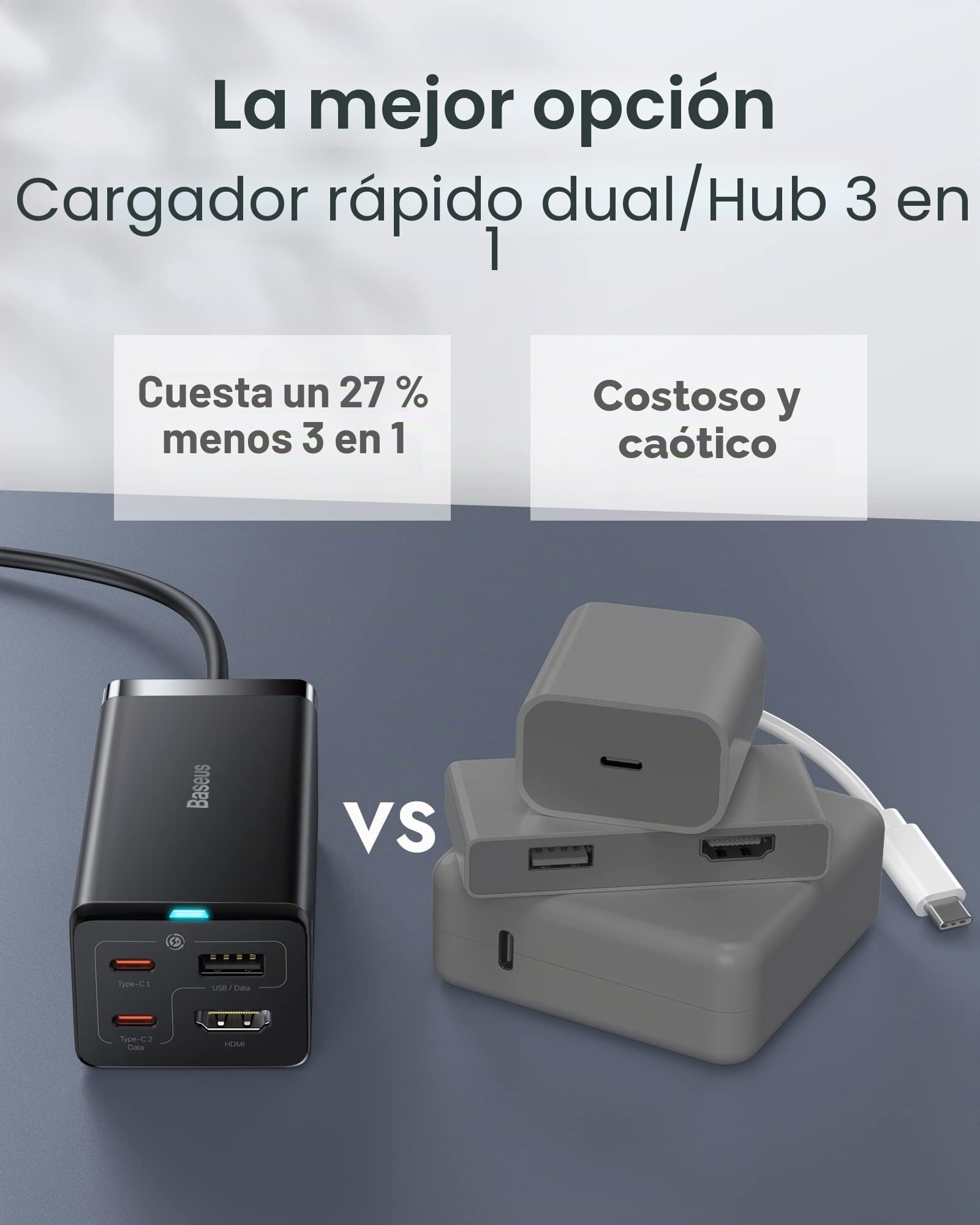 Baseus 67W Estación de Carga USB-C GaN5 para Steam Deck, Nintendo Switch, Mac-Book y Samsung Galaxy con 2 Puertos USB-C y 1 Puerto HDMI