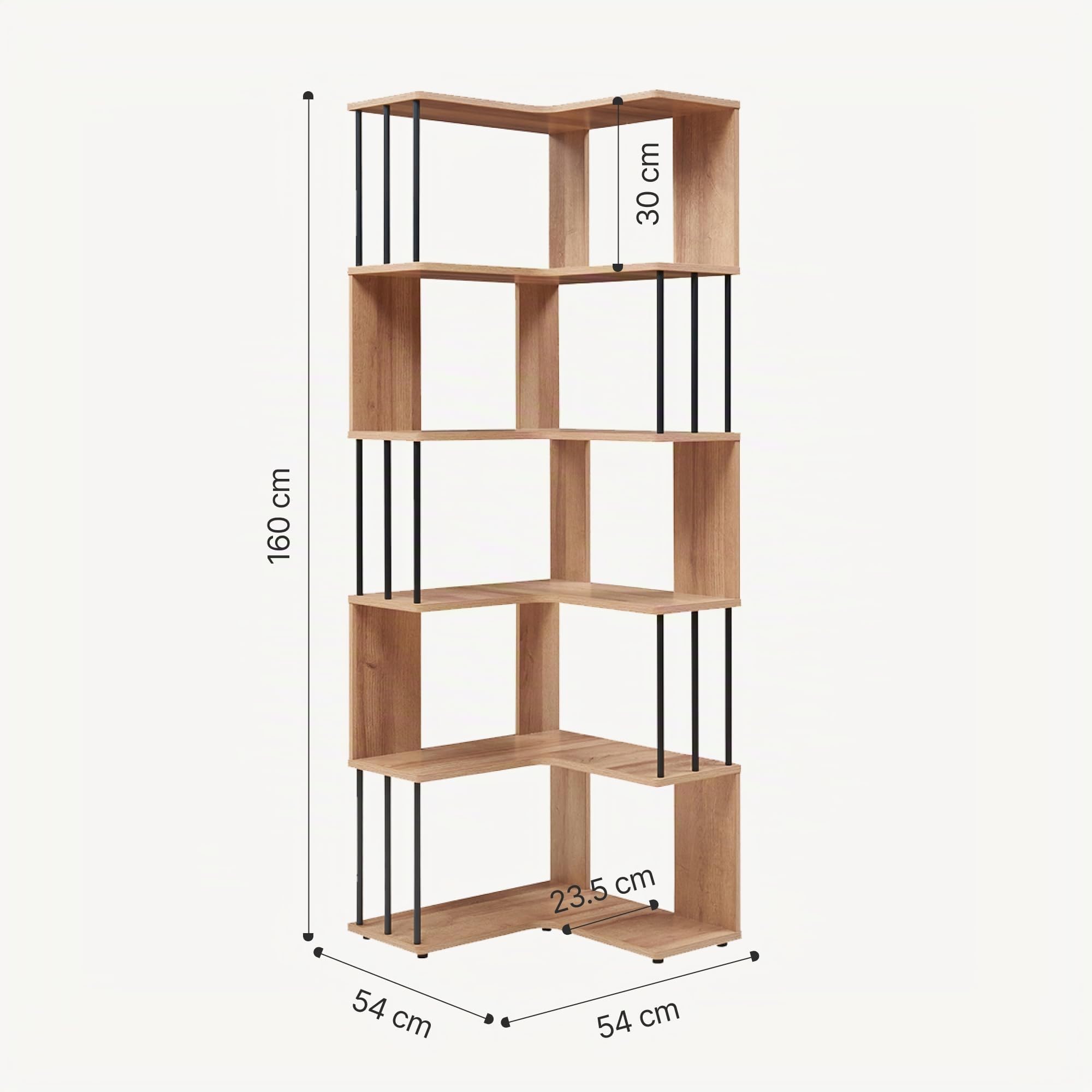 [en.casa] Eckregal Afrel Bücherregal mit 5 Ebenen 160 x 54 x 54 cm offenes Regal Standregal für Wohnzimmer Büro Schlafzimmer Eicheoptik
