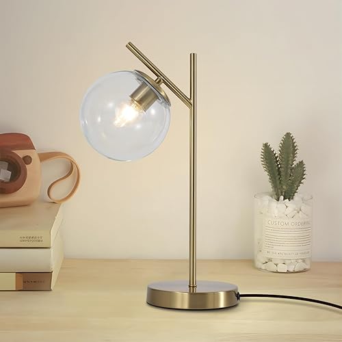 Miniatura 17 de Lámpara de mesa moderna de mediados de siglo, lámpara de mesita de noche de globo dorado con pantalla de vidrio coñac, lámpara de escritorio de
