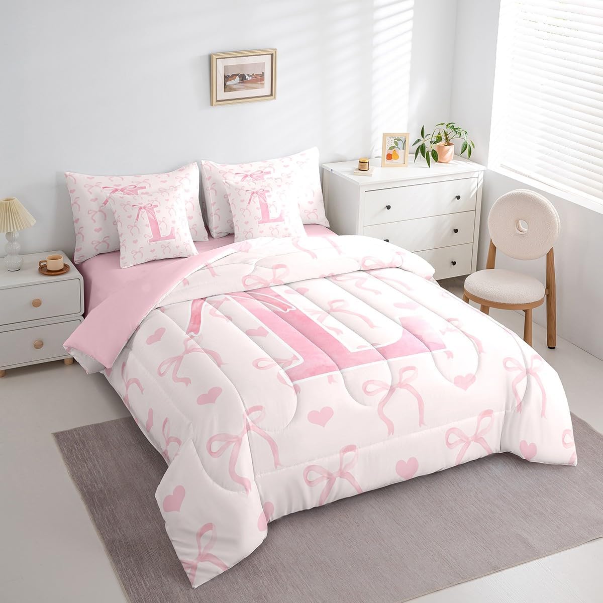 Erosebridal 7 Pcs Letter A-Z Bed Set Full Size for Girls Pink L Alphabet Sheet Set Bed in A Bag Kawaii Butterfly Bowknot Comforter Cute Love Hearts Romantic Watercolor
