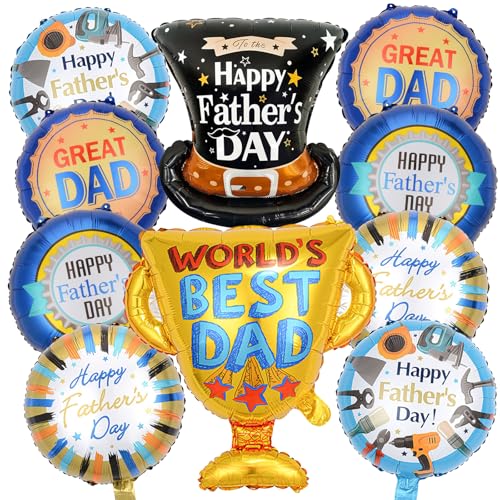 Fathers Day Balloons 10Pcs Happy Fathers Day Aluminum Foil Balloon Hat Trophy Round Shapes Balloons for Happy Fathers Day Themed Party Decorations