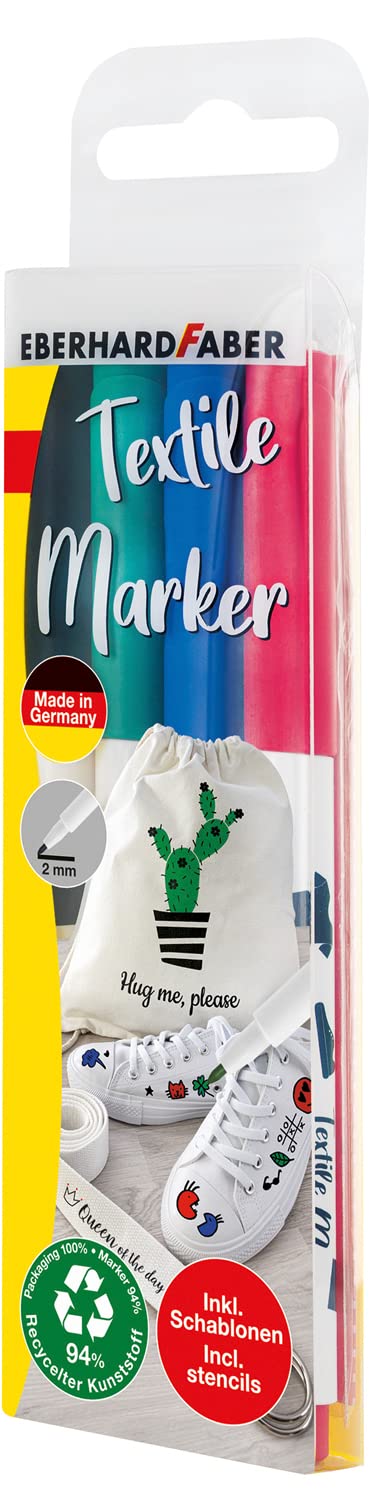 Eberhard Faber578204 - Textil Marker, 4 Stoffmalstifte in leuchtenden Farben, Strichstärke ca. 2 mm, mit Schablonen, geeignet für verschiedene Stoffe, nach Fixierung waschbeständig bis 60°C