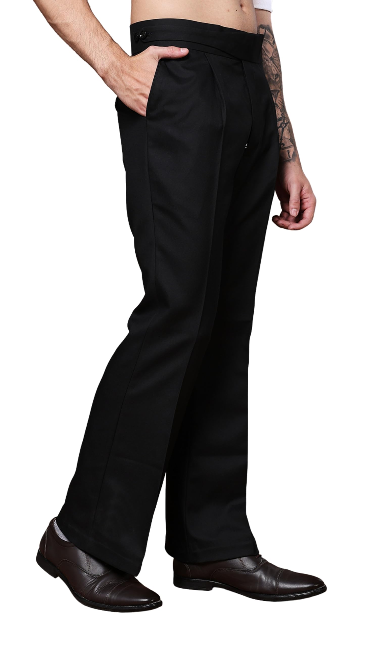 Mens Beige Gurkha Pants with Classic Button Closure Premium Casual Bell Bottom Trousers for Men High Waist Pleated Formal & Casual Wear Pant Stylish Retro Flared Bottom Pant-image-27