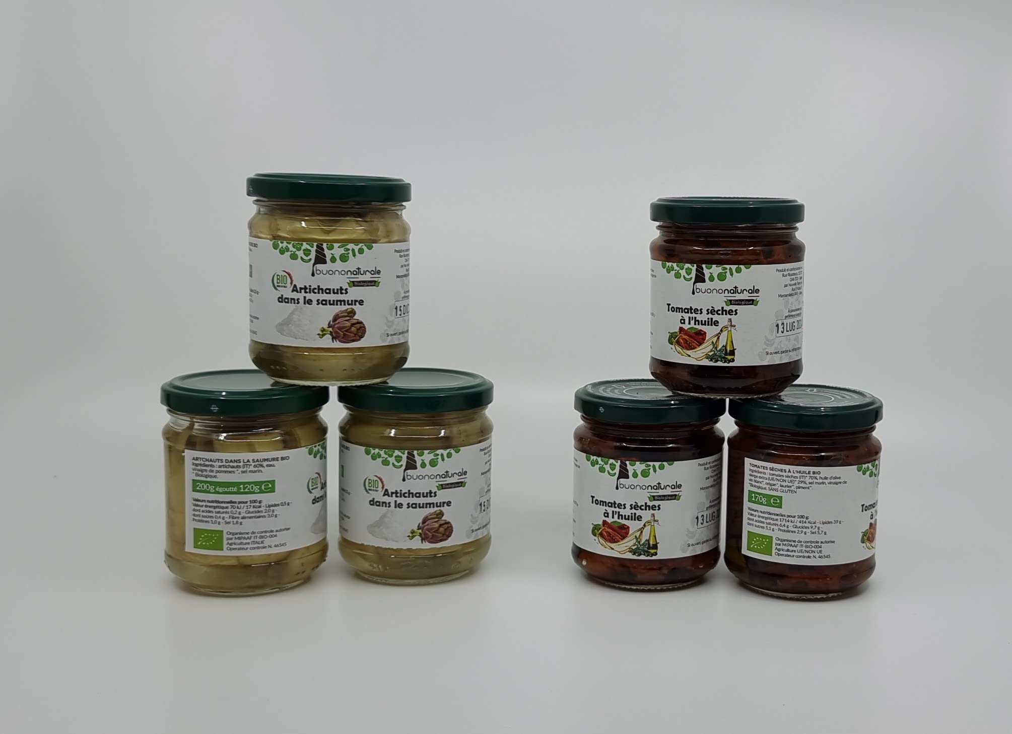 buononaturale Boîte aux artichauts et tomates BIO 1,11g — pack mixte de 3pcs Tomates séchées à l’huile BIO (3x170g) et 3pcs Artichauts dans le saumure BIO (3x200g)