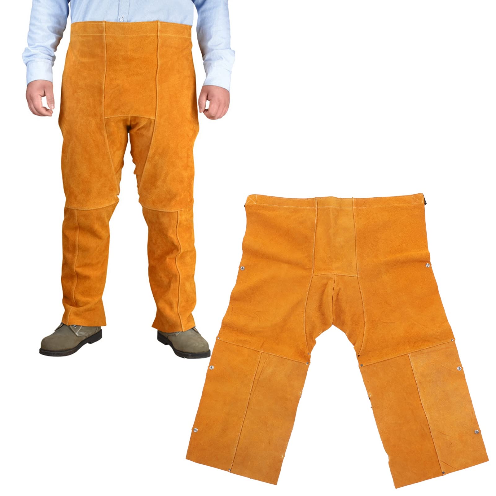 CHAPS de seguridad de soldadura de cuero dividido amarillo duradero, ajustable y flexible para la protección de mano de obra pesada, al calor y al desgaste, ideal para el uso de