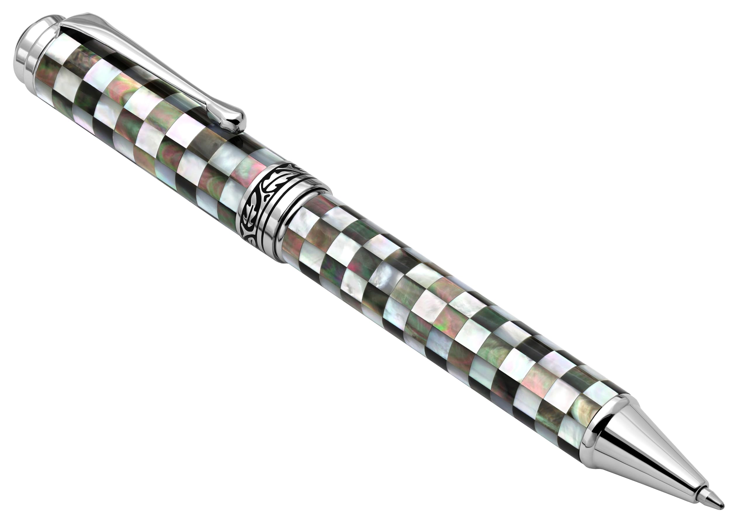Xezo Penna a sfera Maestro Jubilee Twist Action, punta media. Madreperla a scacchi Oceanic bianca e nera. Cromato. Edizione limitata, solo 223 pezzi realizzati. Non ci sono due penne uguali