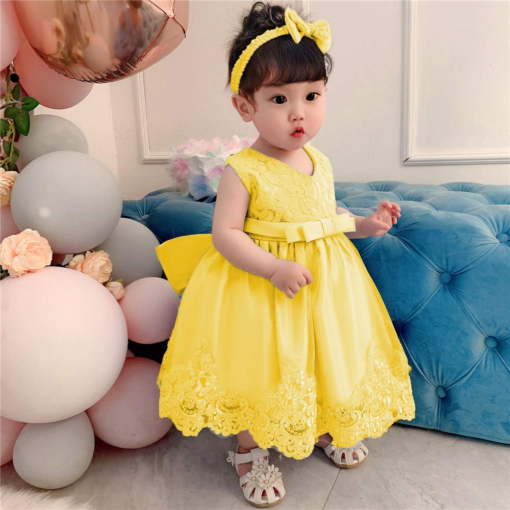 Toddler Baby Girls Formal Dresses Infant Bowknot Embroidery Tutu Lace Gown Dress Kids Pageant Party Wedding Birthday Flower Dresses Size 24M (Yellow 24M)