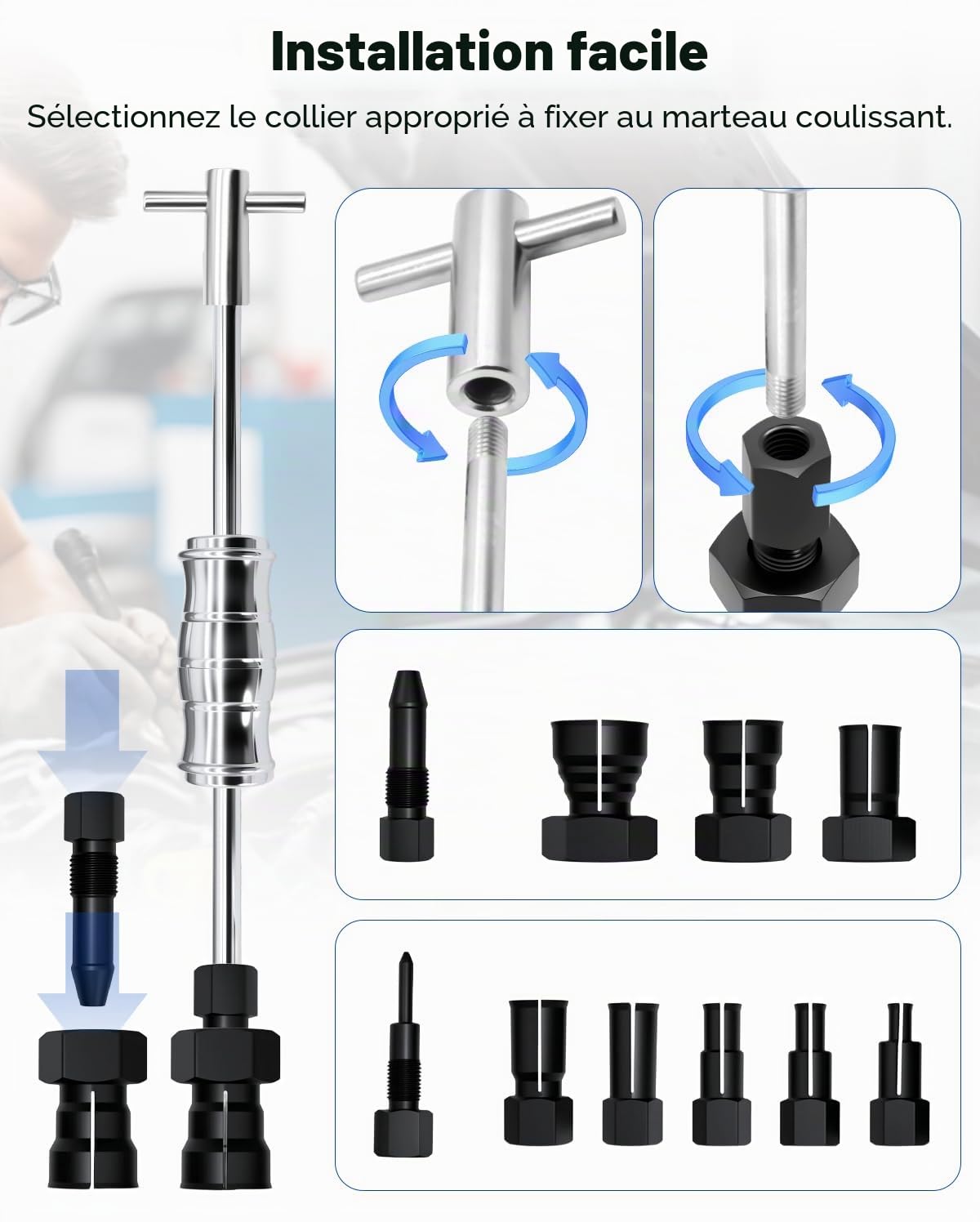 Lot de 12 Extracteur de Roulement Intérieur avec Marteau à Inertie et Pinces de Serrage Reglables (8-32 mm), pour Voiture, Moto et Velo