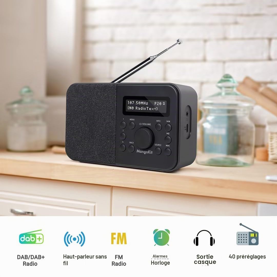 Radio Numérique DAB Portable FM Bluetooth avec Écran, Réveil, 40 Stations Préréglées - Noir