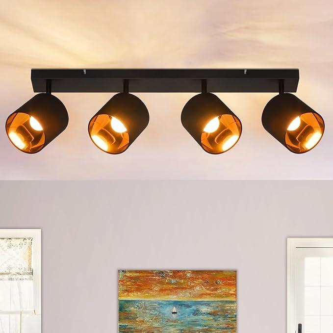 Glitzerlife Plafondspot 4 lampen Zwart - Plafondspot Vintage woonkamerlamp E14 Draaibaar 350° MAX.25W Stoffen scherm voor slaapkamer Hal Woonkamer (lamp niet inbegrepen)