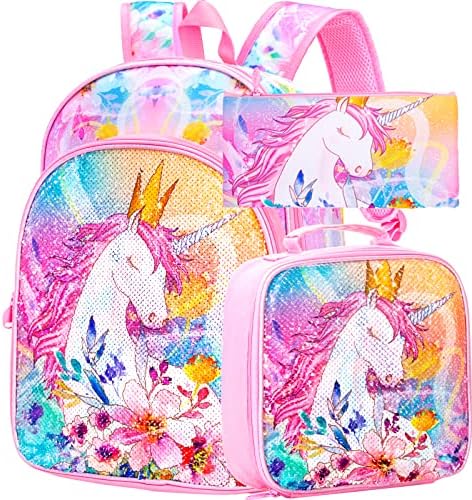 CCJPX 3PCS Unicorn Backpack for Girls, 16”Kids Preschool Sequin Bookbag and Lunch Box for Kindergarten Elementary