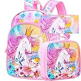 CCJPX 3PCS Unicorn Backpack for Girls, 16”Kids Preschool Sequin Bookbag and Lunch Box for Kindergart