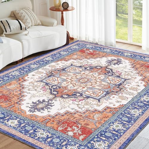 ROCYJULIN 5×7 Area Rugs for Living Room, Low-Pile Faux Wool 5 x 7 Rug for Bedroom, Non-Slip Indoor Carpet for High Traffic Areas, Blue and Orange