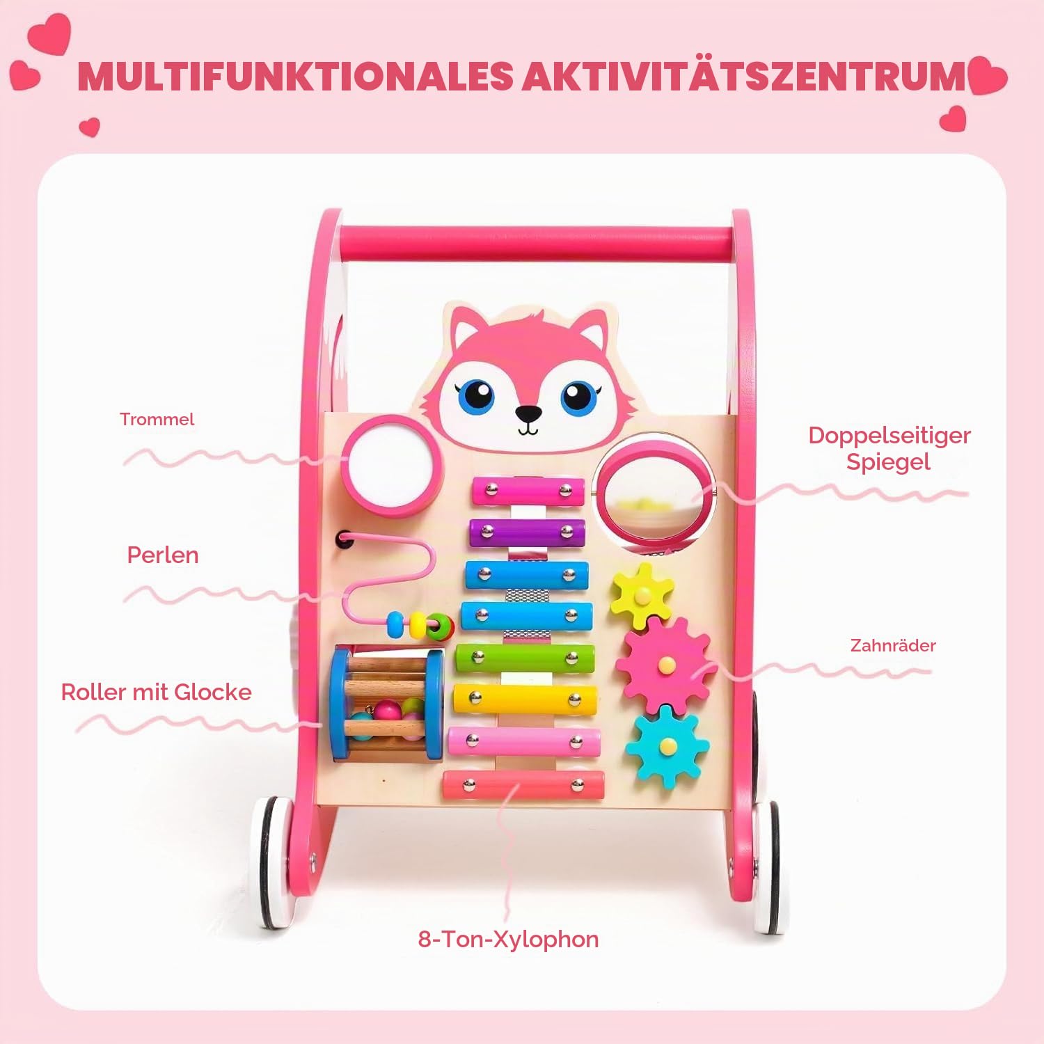 Holz Spielzeug Baby mit Multifunktional Montessori Spielzeug, Lauflernwagen mit Xylophon,Musikinstrumenten & Formenpassspiel.Multifunktionales Aktivitätszentrum für Baby ab 6 Monate Rosa