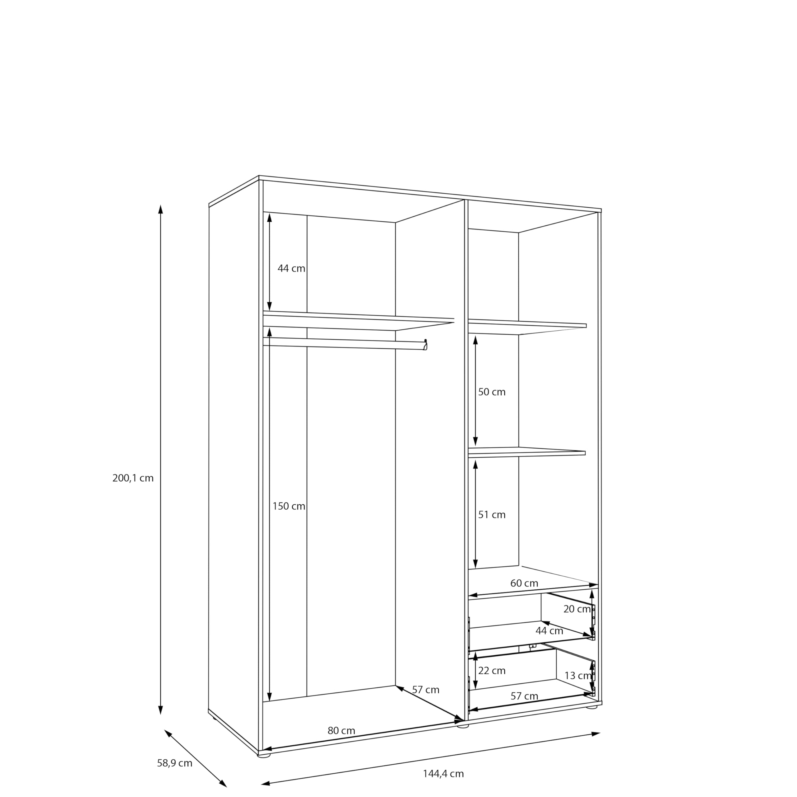 AVANTI TRENDSTORE - FATHIE - Armadio con 3 ante battente e 2 cassetti in legno laminato nel colore nero opaco. Dimensioni LAP ca. 145x200x59 cm.