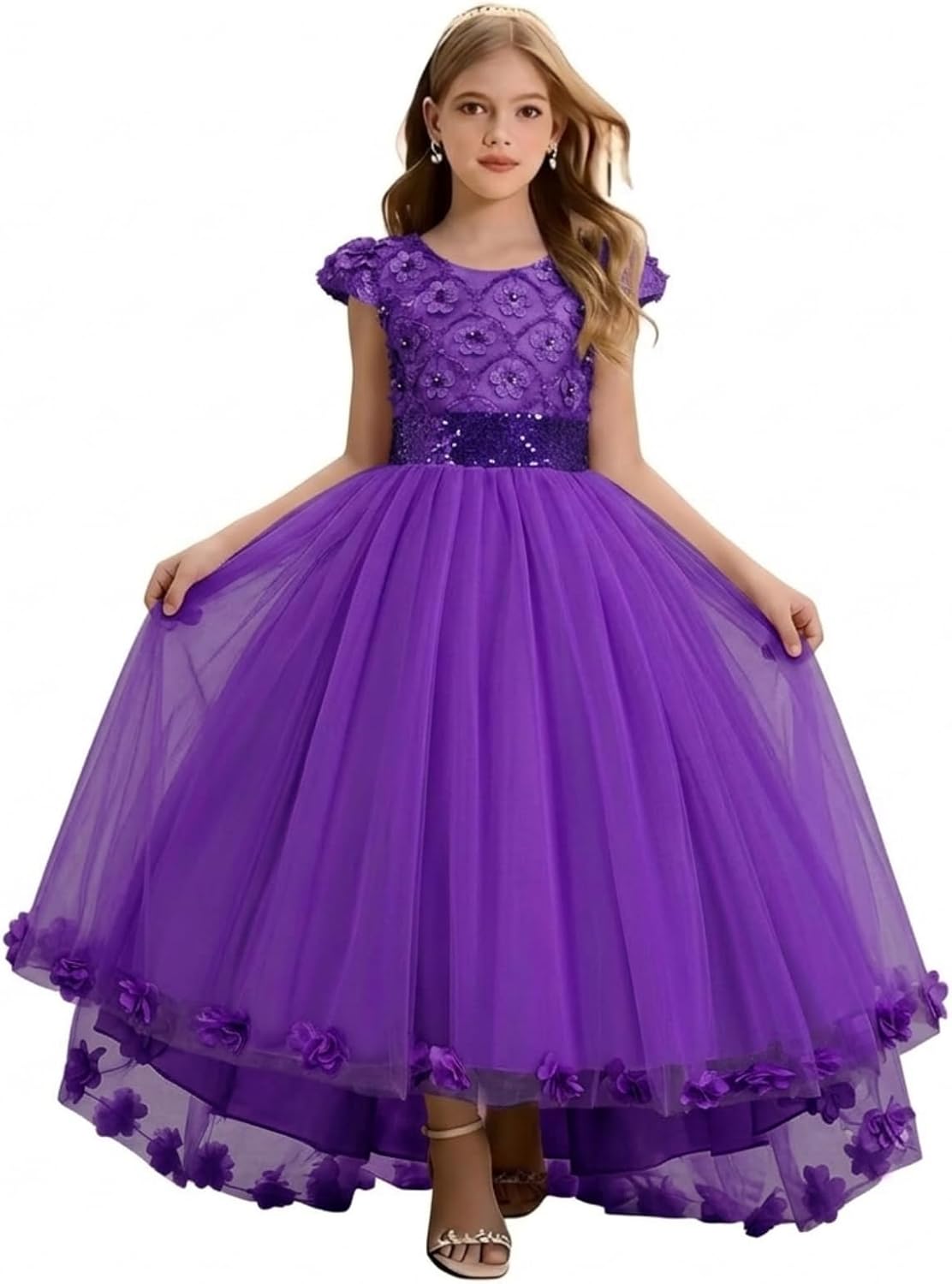 Girls Party Dress Sequins Flower Girl Dress Wedding Bridesmaid Dresses Short Sleeve Lace Mesh Princess Maxi Prom Dress