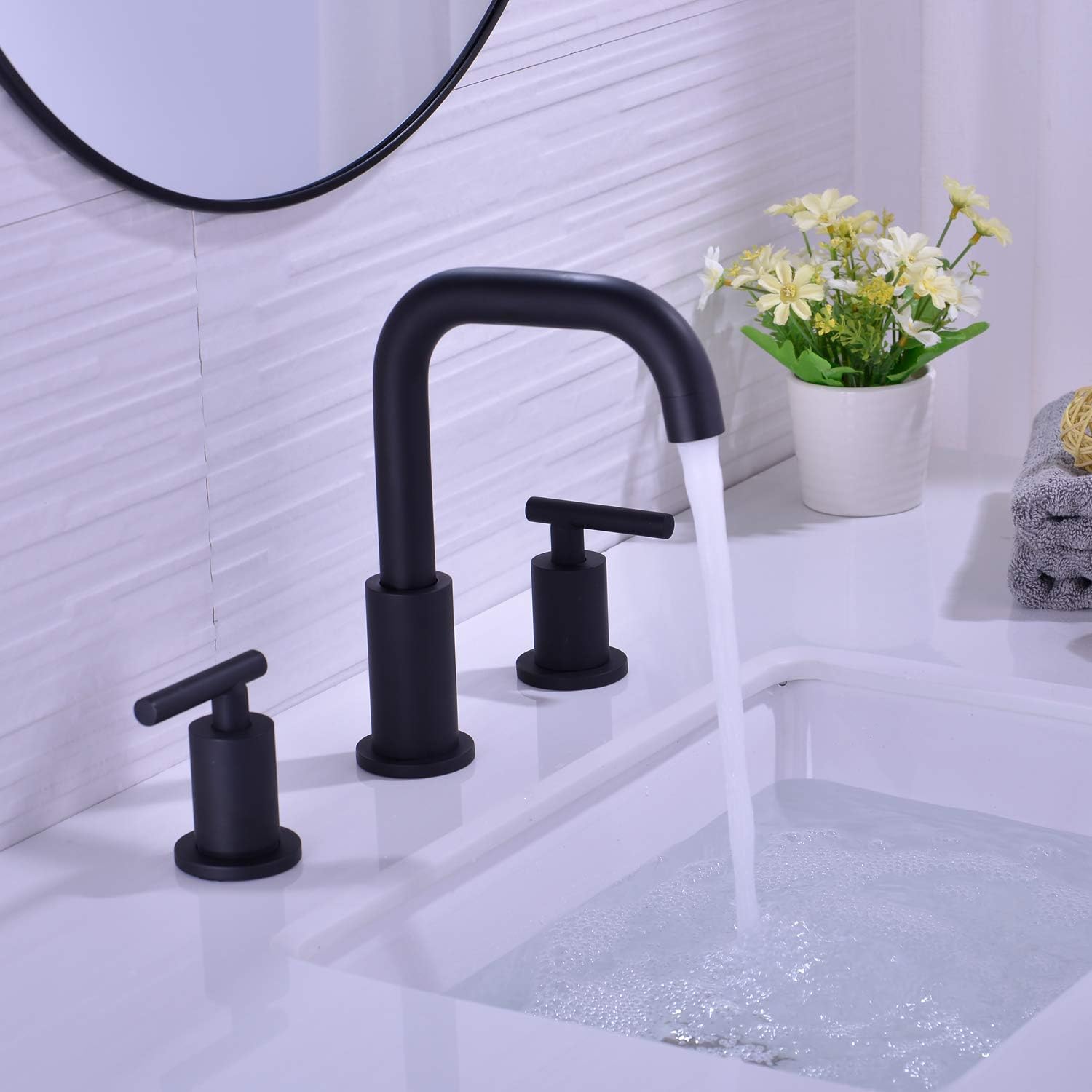 Featured Product TRUSTMI 2-Handle 8 Inch Widespread Bathroom Sink Faucet, 3 Hole Brass Vanity Faucet with cUPC Water Supply Lines and Pop Up Drain Assembly, Matte Black