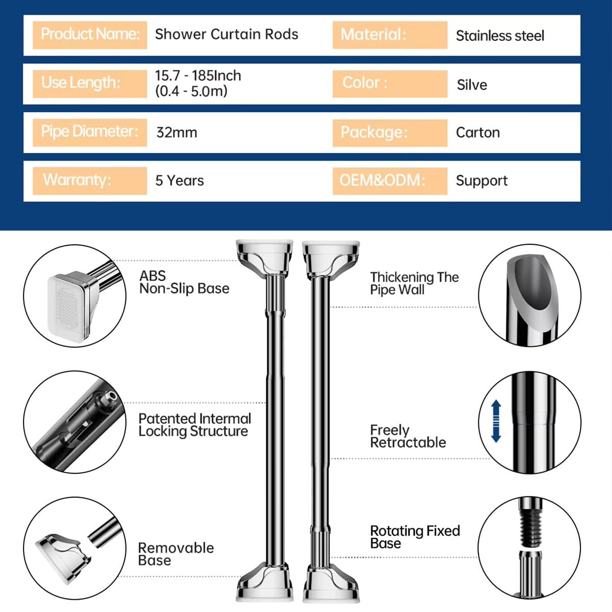 Gardinenstange Ohne Bohren 40-500cm, Multifunktionale Teleskopstange Zum Klemmen, Verstellbare Spannstange für Badezimmer Fenster Balkon(Weiß,370-440cm)