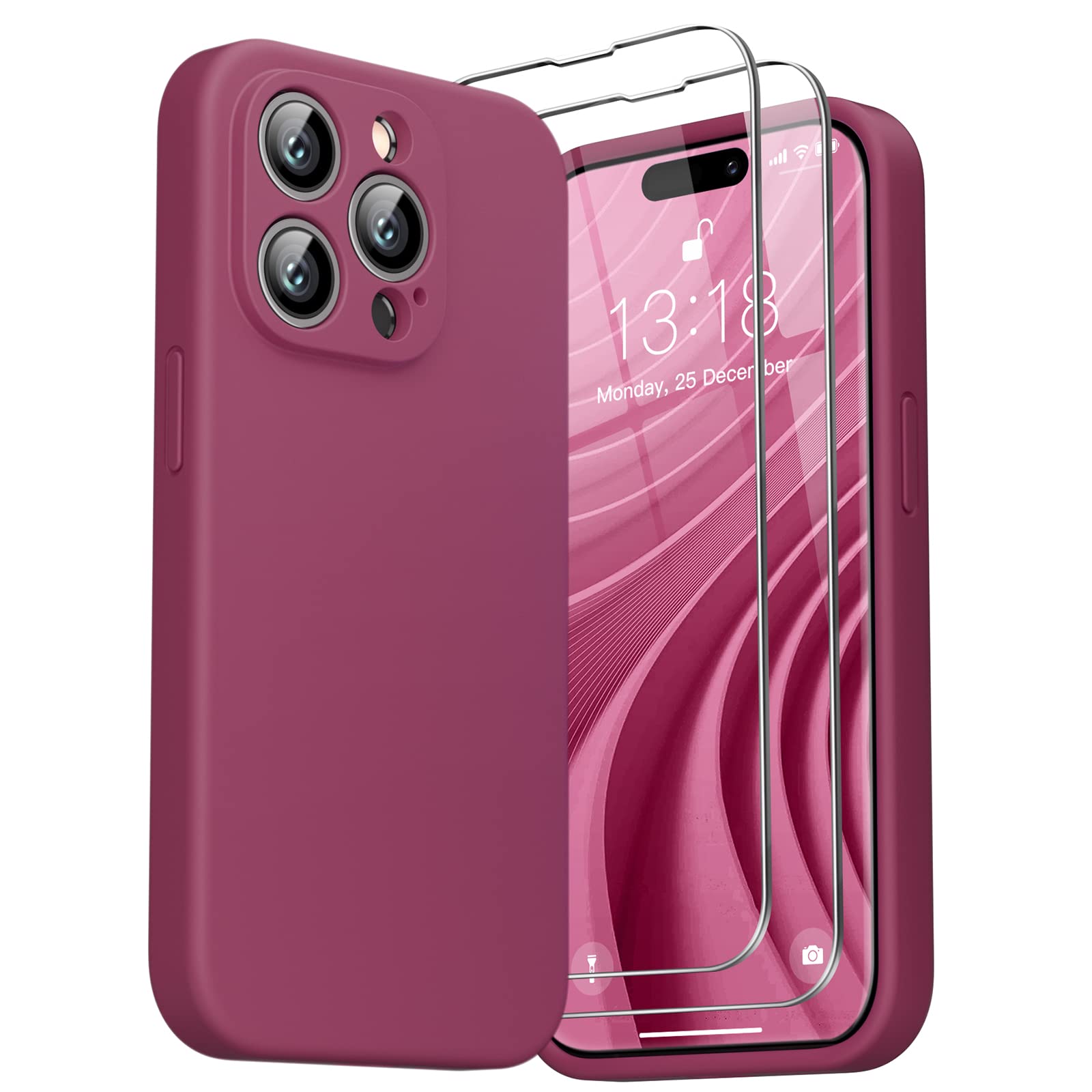 GOODVISH 3 in 1 Cover per iPhone 14 Pro Max Silicone per 6,7", con 2 Pezzi di Pellicola Protettiva, iPhone 14 Pro Max Custodia per Cellulare Antiurto Resistente 360° Protezione, Vino Rosso