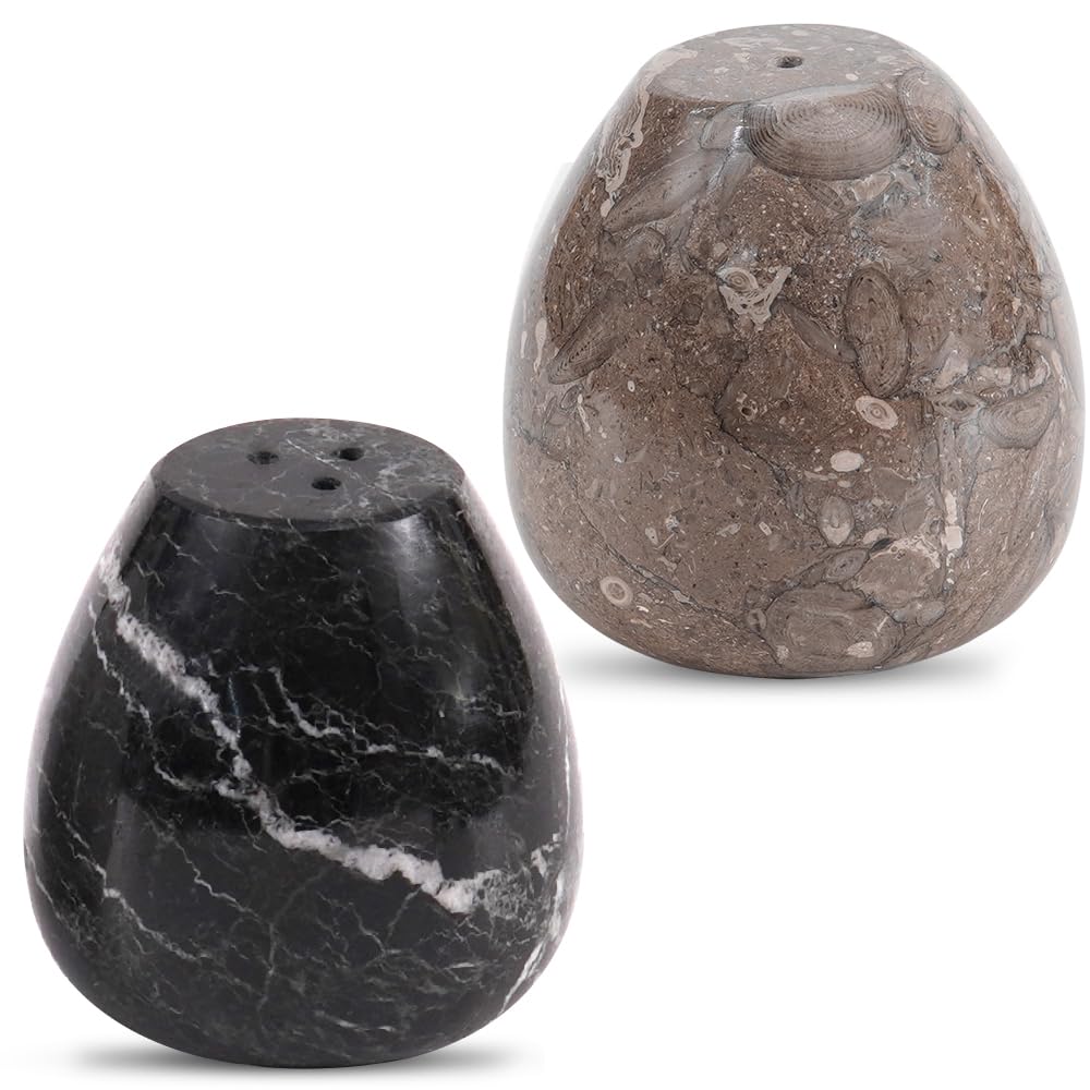 Earthen Crafts Egg Shaped Salt and Pepper Shakers Set – Handcrafted Oceanic & Black 2.5" Spice Containers – Farmhouse Style Kitchen Decor & Tabletop Storage