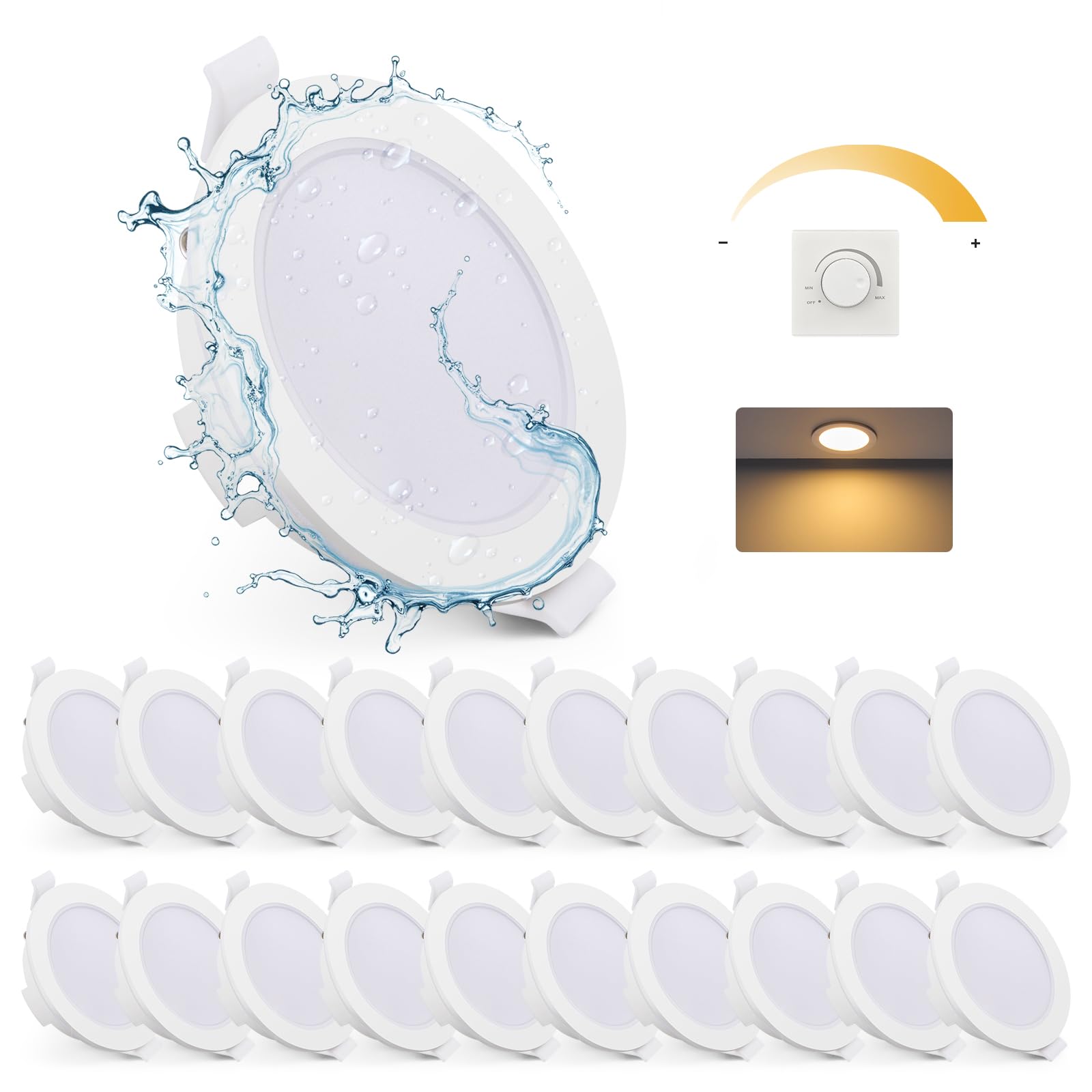 Gr4tec 6W LED Einbaustrahler 230V Dimmbar 2700K Warmweiß IP65, 20er Set | LED Spot Weiß 400LM, 35mm Ultraflach, Deckenspots 68mm-80mm Lochmaß, für Badezimmer Küche Wohnzimmer