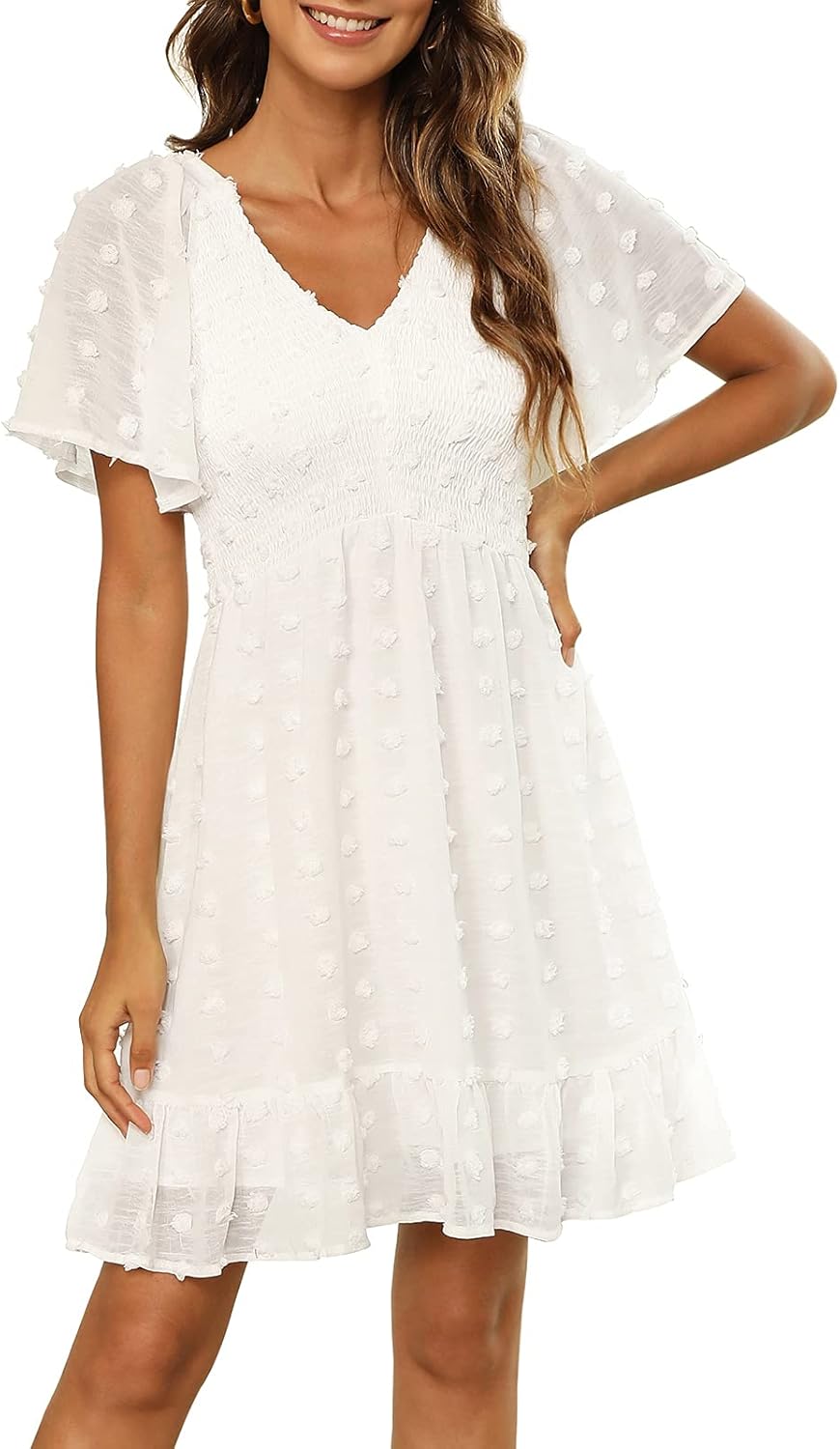 Zattcas Women Smocked Flutter Sleeve V Neck Ruffle Mini Swiss Dot Babydoll Dress : Clothing, Shoes & Jewelry