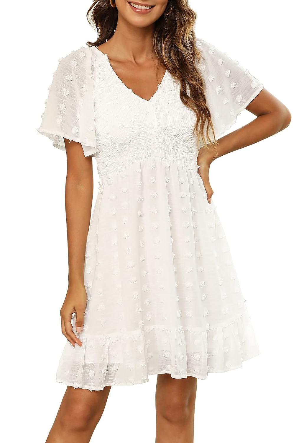 Zattcas Womens Smocked Ruffle Dress Short Flutter Sleeve V Neck Swiss Dot Dress White M - Review, Price and Buying Guide