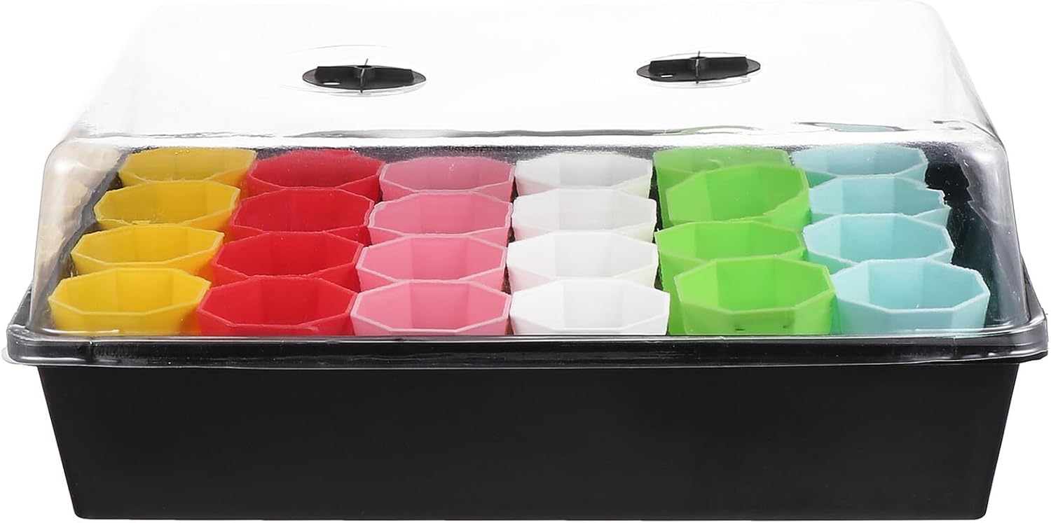 Seed Starter Tray Kit with Propagation Trays and Dome for Indoor Vegetable Germination 24 Macaron Cups Rolling Stand for Controlled Water and Airflow