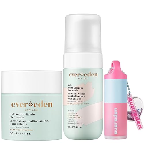 Evereden Happy Kids Skin & Lips Rutine Set de lavado facial y crema facial con vitaminas y aceite labial tintado, cuidado de la piel limpio y