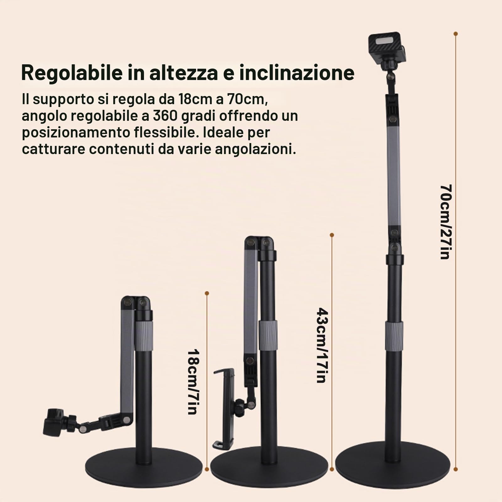 Supporto Telefono Regolabile 360°, Supporto Cellulare da Tavolo Compatibile iPhone/Samsung/Huawei per Riprese Zenitali, Live e Video Professionali