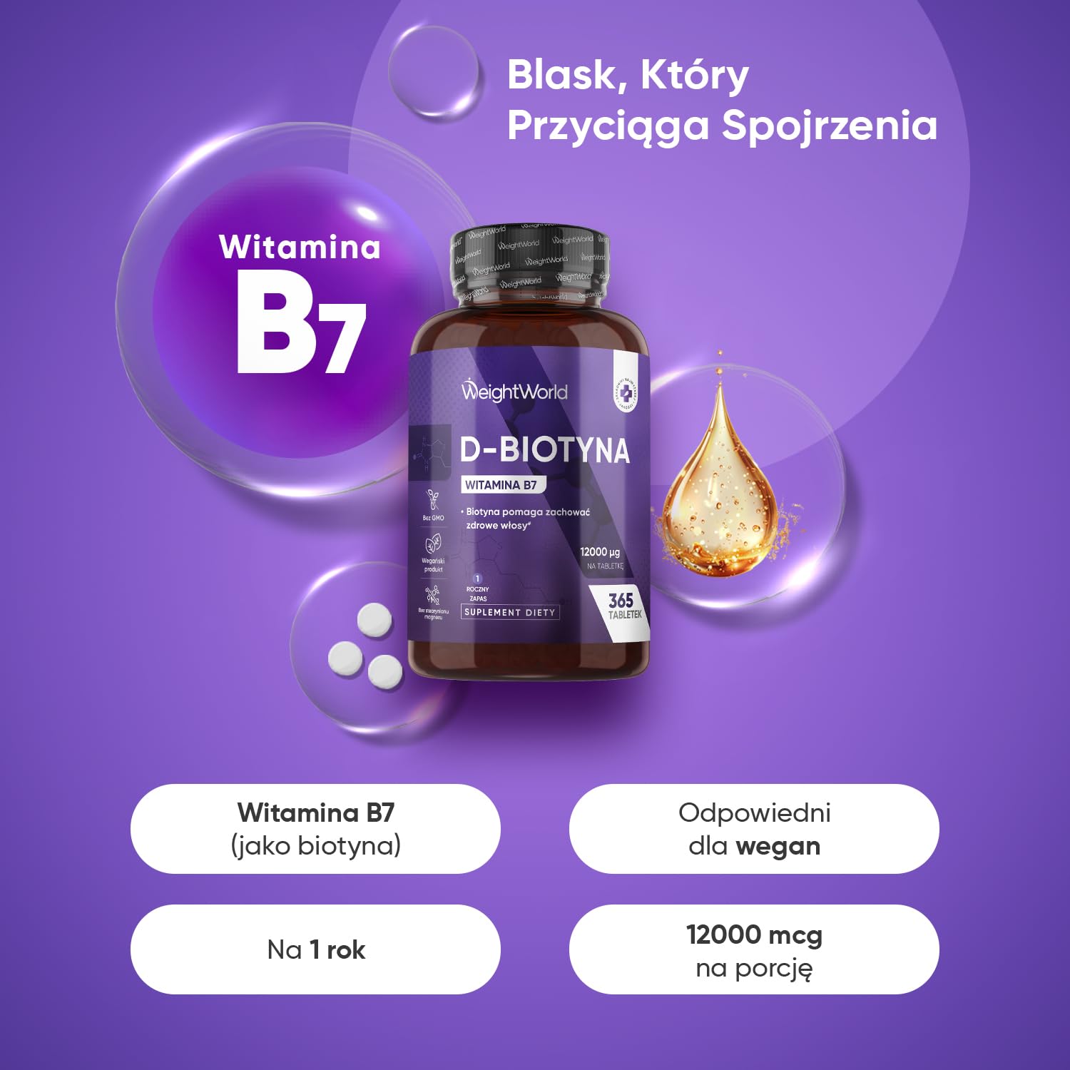 Biotyna 12 000 mcg – 365 tabletek suplementu witaminy B7 dla kobiet i mężczyzn, Biotyna przyczynia się do utrzymania prawidłowego stanu włosów (EFSA) – na 1 rok, wegańska