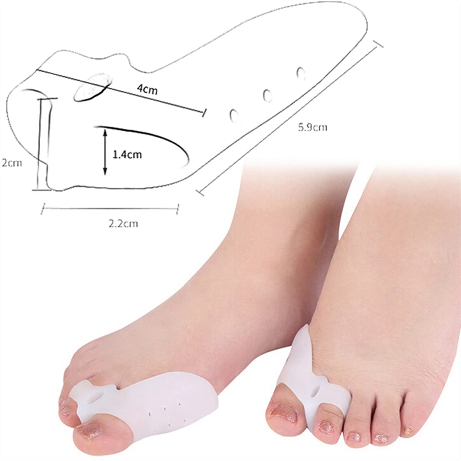 2 pezzi gel di silicone dita del piede separatore per dita dei piedi a due fori pollice valgo protettore borsite regolatore alluce valgo guardia sollievo dolore piedi cura (bianco S ， L)