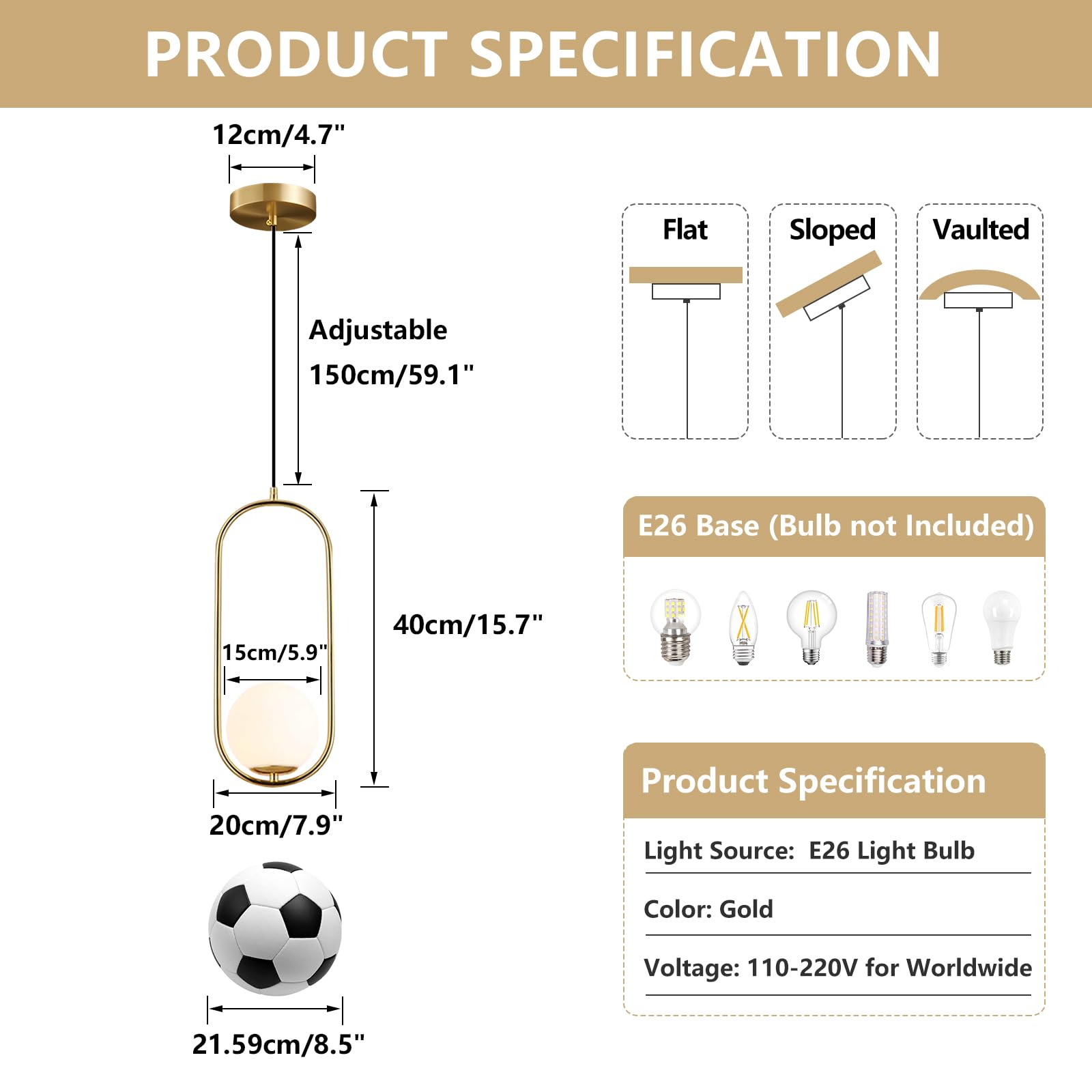 KCO Lighting Suspension Luminaire Rétro Réglable Dorée Avec Boule en Verre Blanc de 15cm pour Restaurant, Salon, Chambre à Coucher, Cuisine, Bar, Couloir