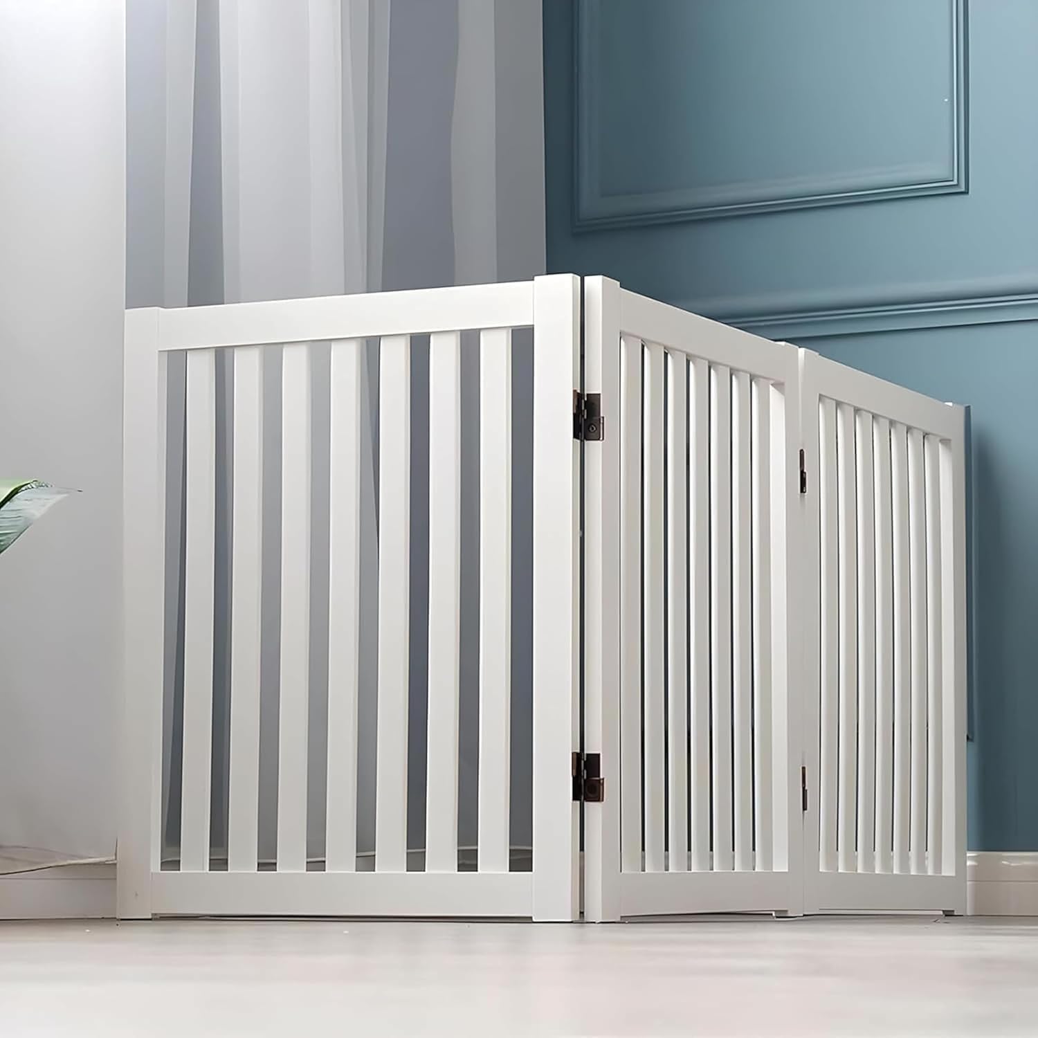 TreeTop Creation Foldable Pet Fence for Doorways and Stairs, Wooden Freestanding Foldable Safety Gate Perfect for Children and Dogs (3 Panel White)
