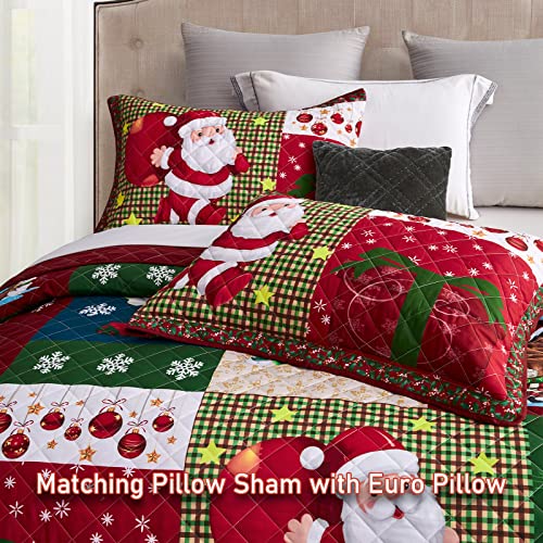 Image of CHIXIN Christmas Oversized Bedspread King Size, Santa Claus Pattern Bedding Quilt, Rustic Lodge Plaid Patchwork Coverlet Set, Lightweight & Soft Microfiber, 3 Piece, King /Cal King