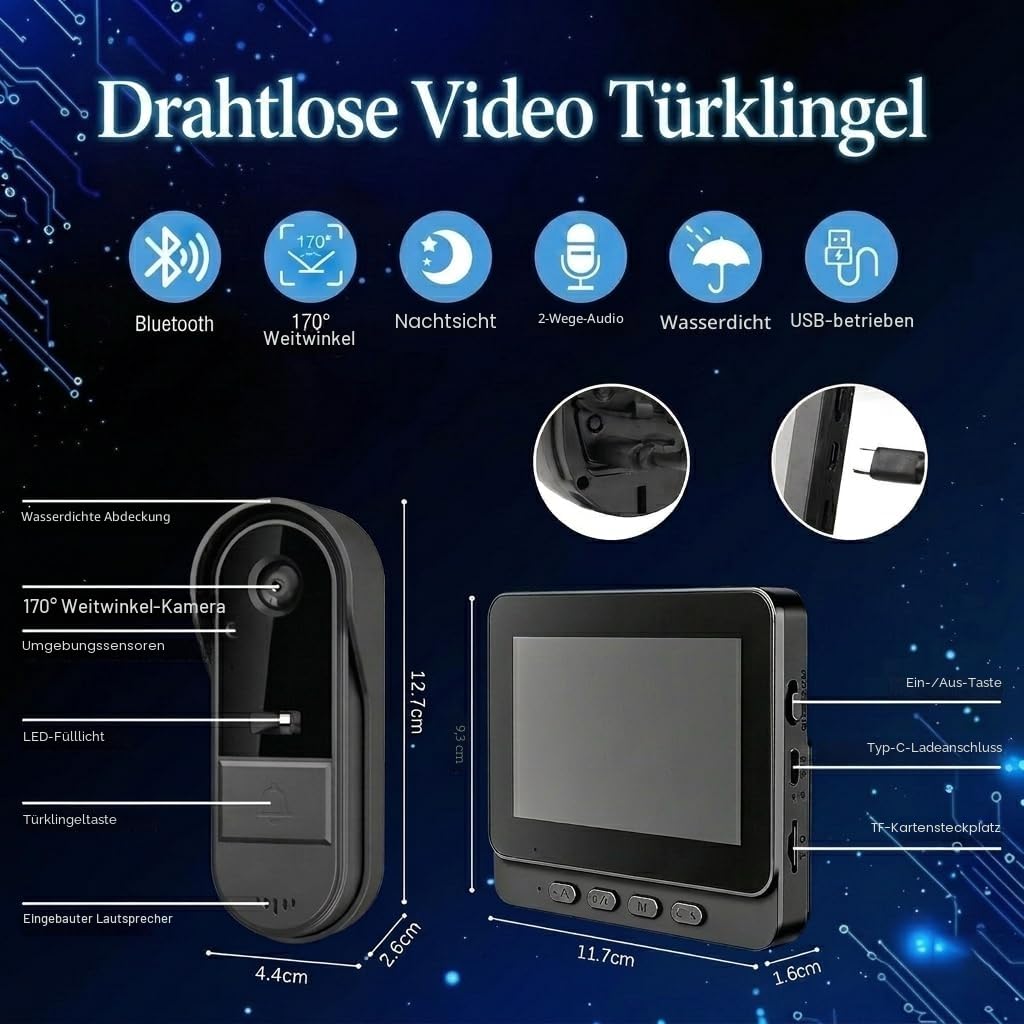 Drahtlose Video Türklingel mit Kamera Outdoor IP65 Wasserdicht 1080P kabellose Türklingel 4,3 Zoll IPS Bildschirm Türklingel Funk 170° HD Kamera Gegensprechanlage Infrarot Nachtsicht Zwei-Wege-Audio