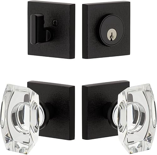 Viaggio Quadrato - Roseta de lino de 2-3/8 pulgadas con perilla de cristal Stella y cerrojo a juego en negro satinado