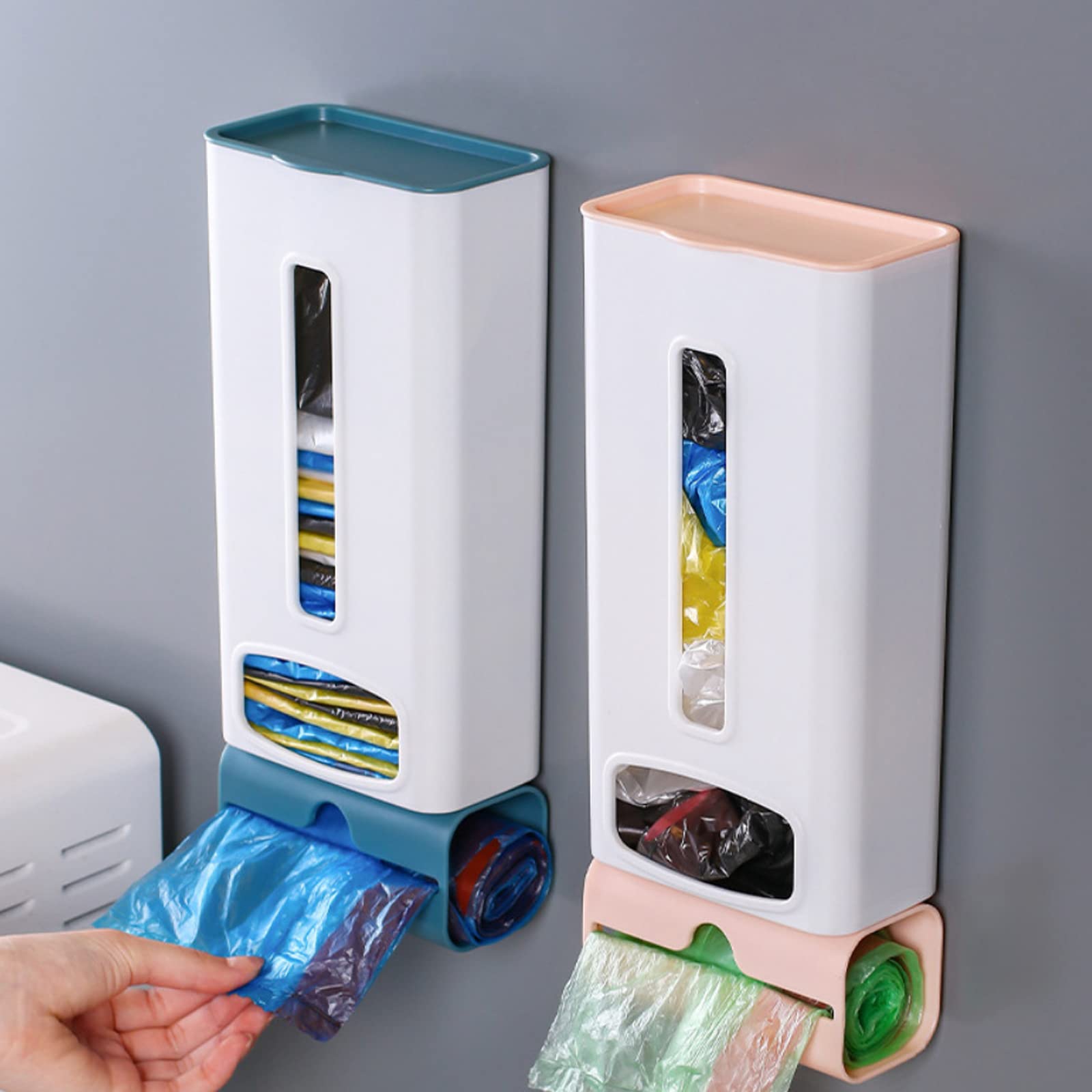 Dispensador de bolsas de plástico autoadhesivo para montar en la pared, caja de almacenamiento de basura de fácil acceso para armarios, color azul oscuro, fácil instalación, para tu espacio